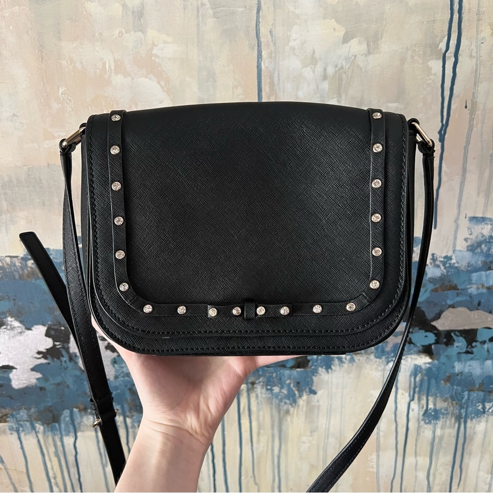 Kate Spade Large Carsen Laurel Way Jeweled Leather Black Crossbody Bag